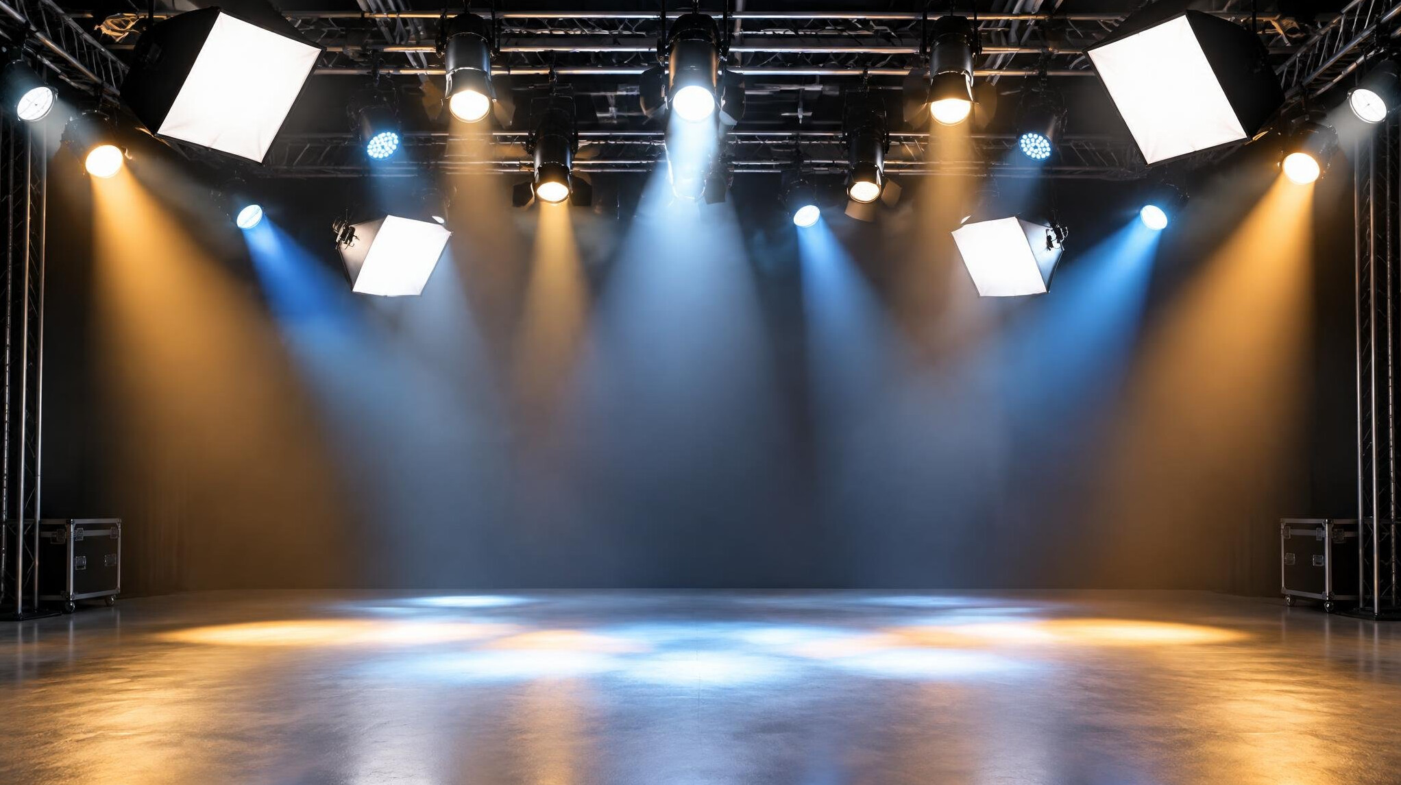 Stage lighting rig with bright spotlights over a studio floor