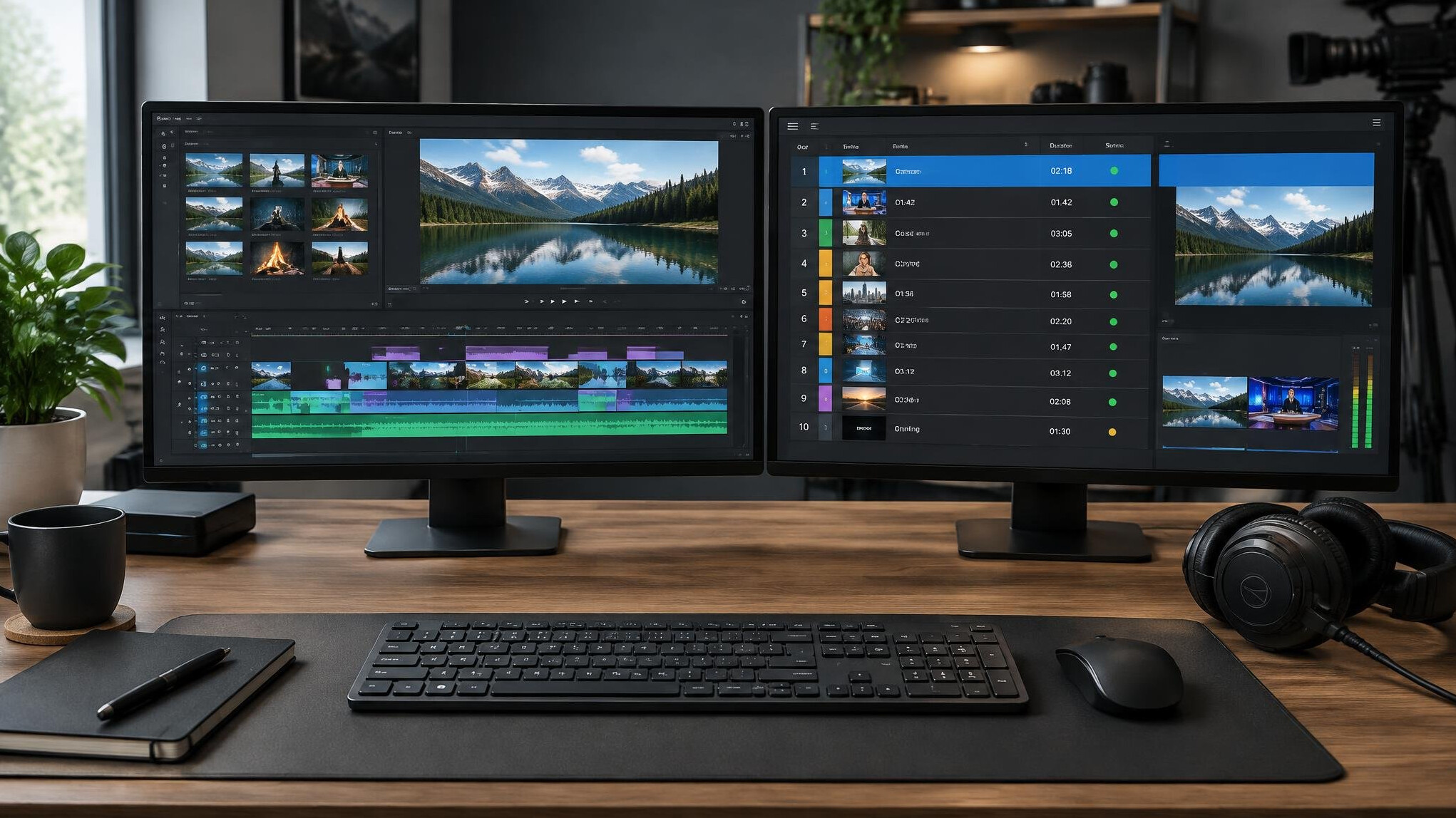 Video editing workstation with dual monitors showing a timeline