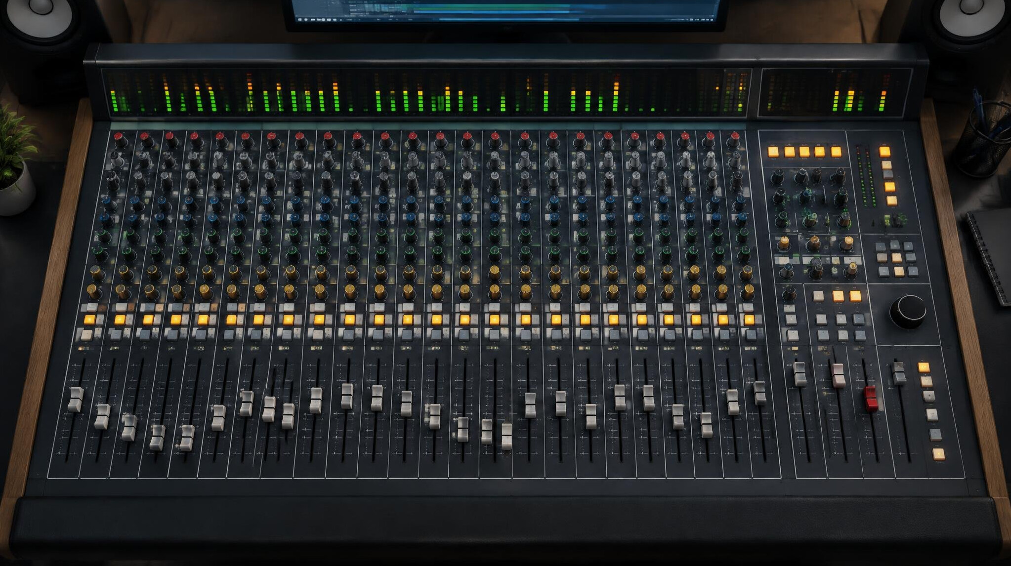 Audio mixing console with faders in a broadcast control room