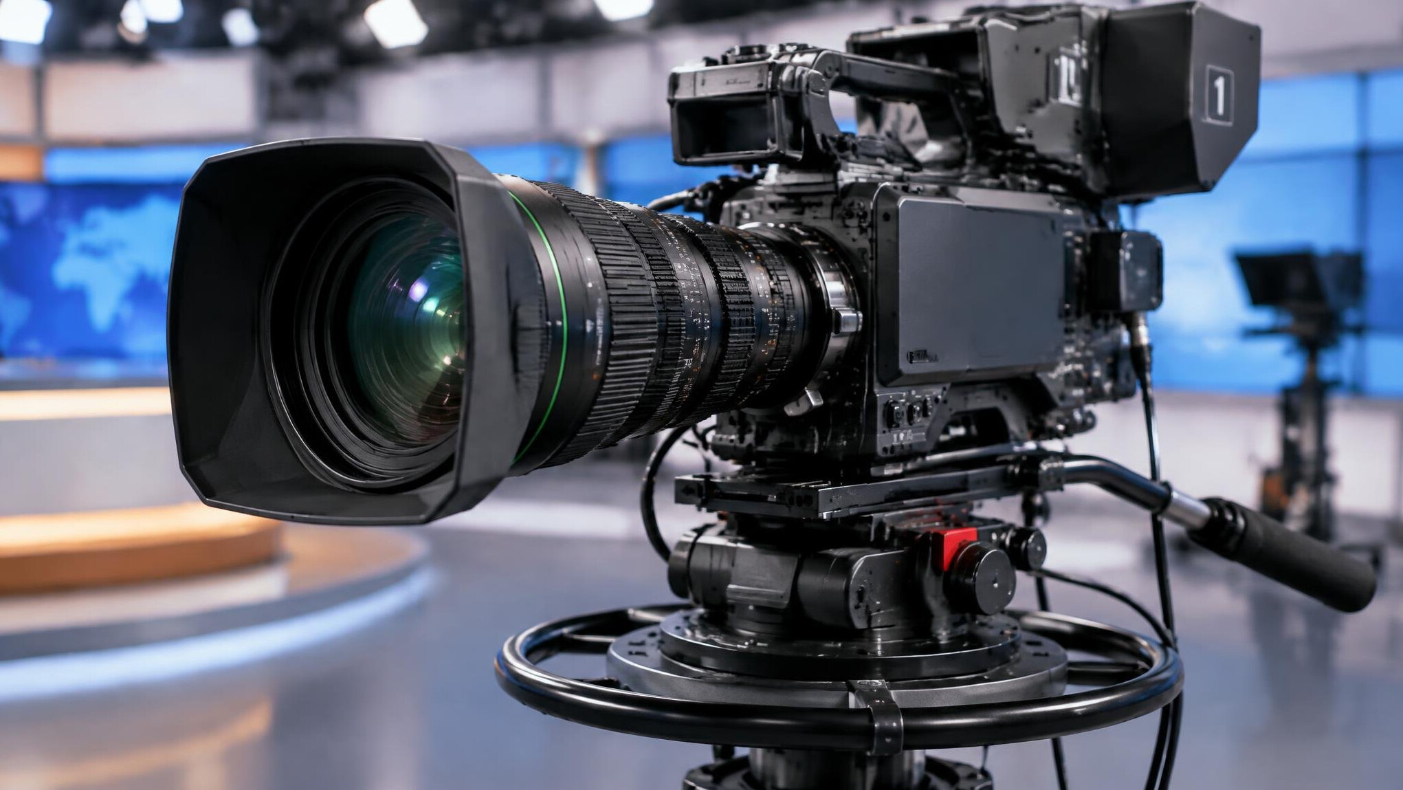 Professional broadcast camera lens close-up in a studio