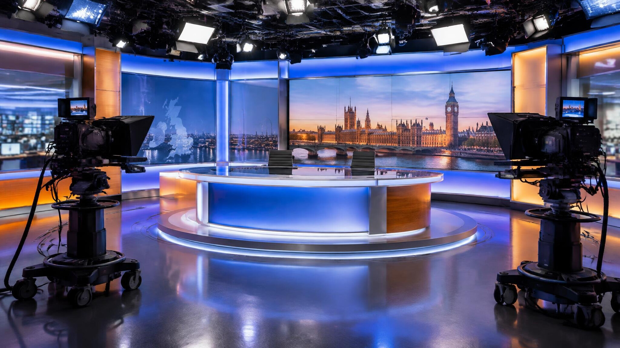 Television studio with professional cameras and lighting rigs ready for a live show