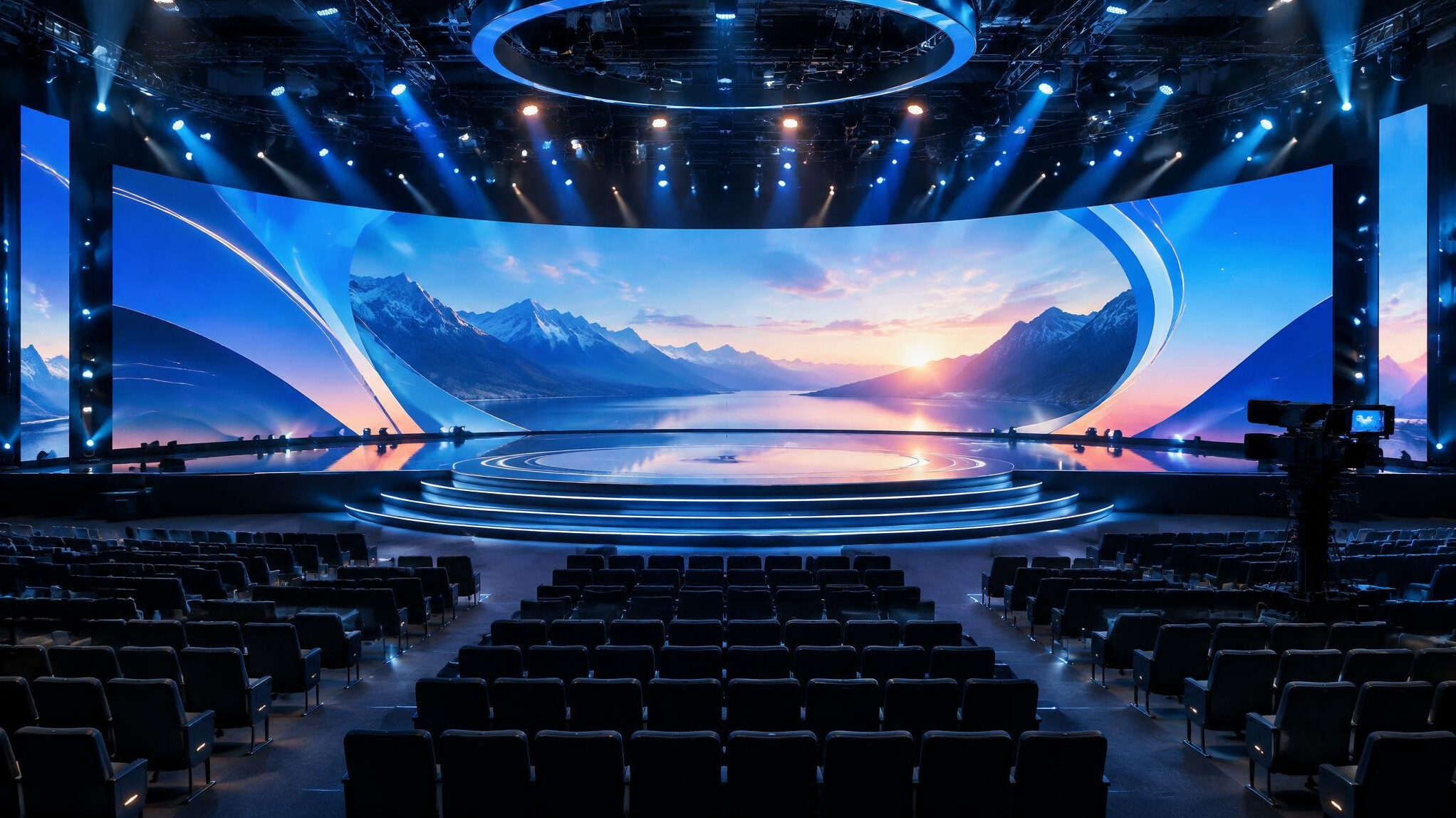 Large stage set with lighting and screens prepared for a live broadcast
