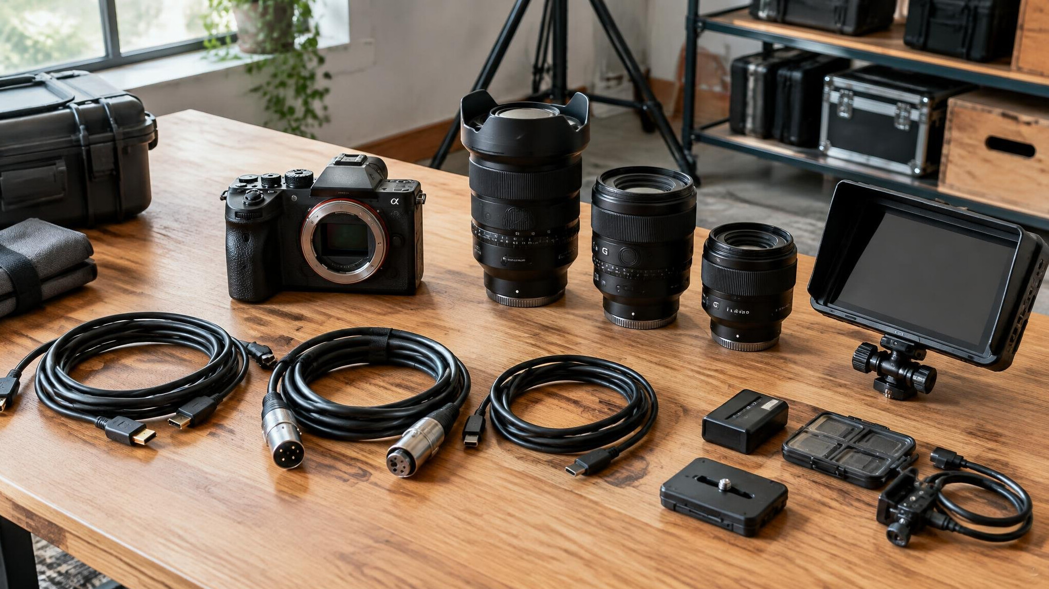 Camera equipment laid out on a table ready for studio set-up