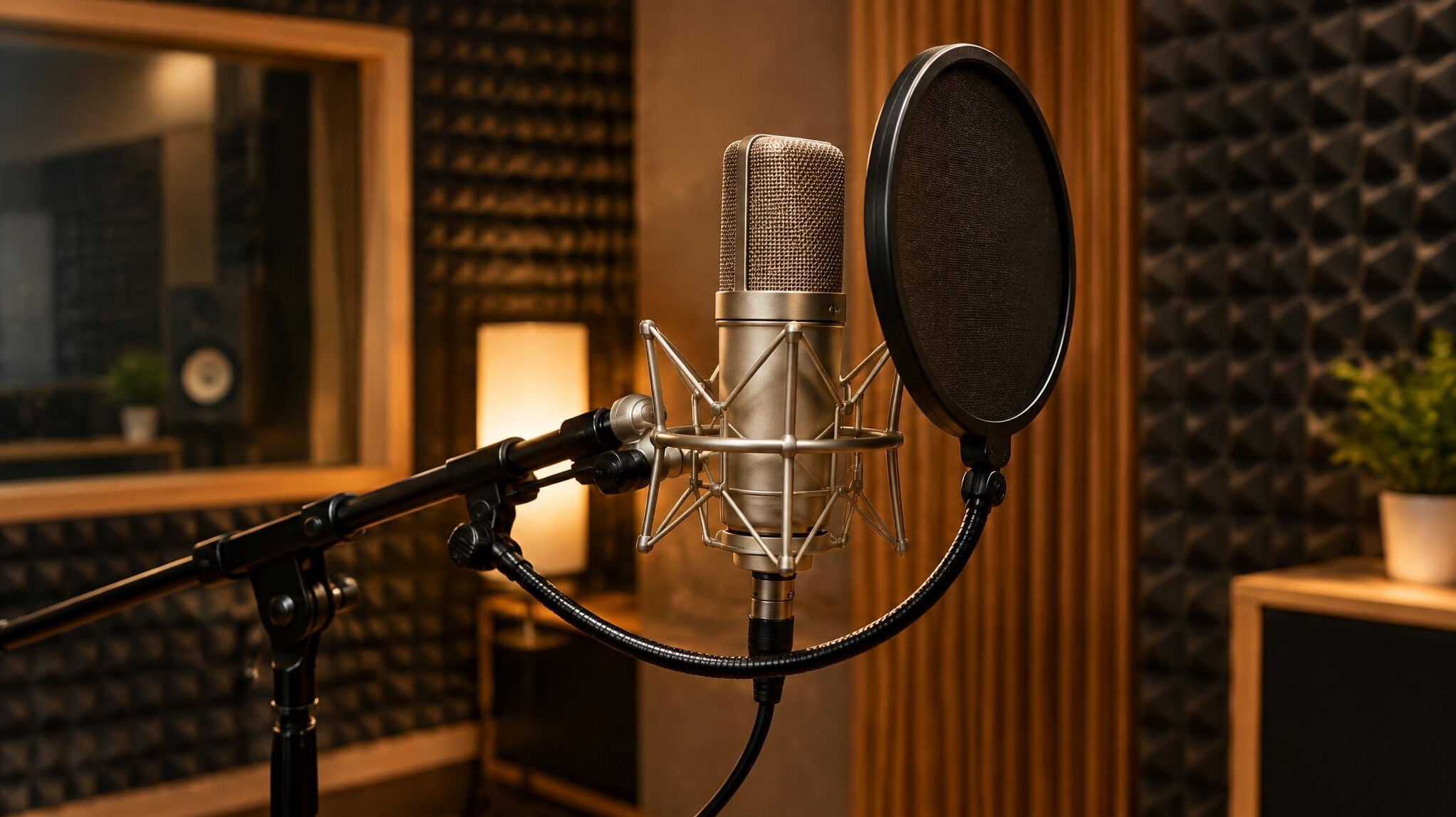 Studio microphone on a stand with a pop filter